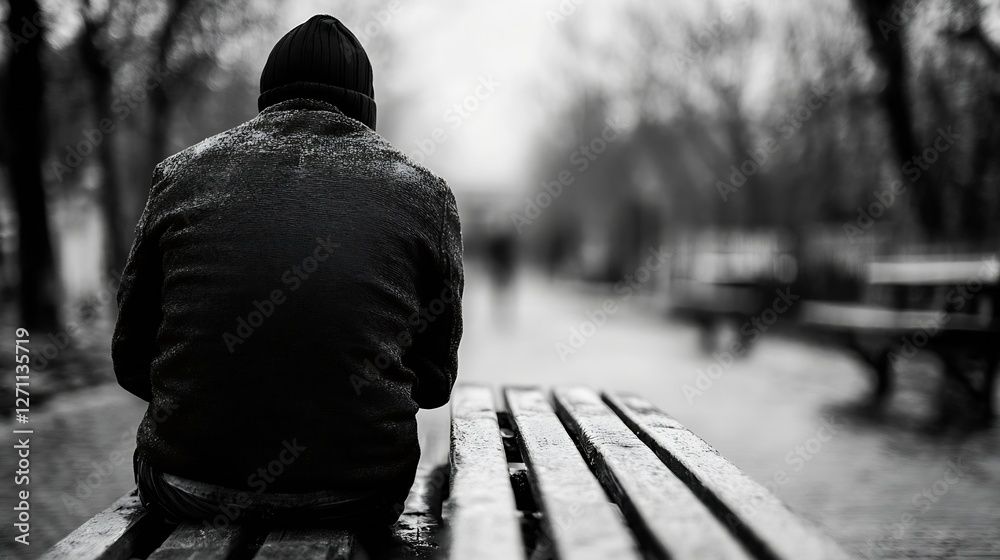 Poster Lonely man sitting on a bench in a park on a rainy day creating a reflective mood : Generative AI