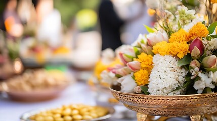 Vibrant floral arrangement featuring yellow marigolds and pink tulips adds color to festive celebration table : Generative AI