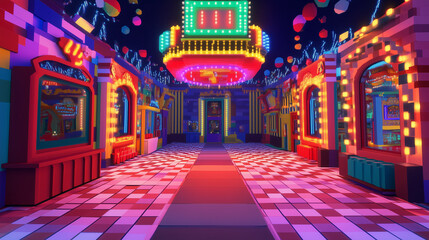 Colorful carnival funhouse filled with blocky mirrors and vibrant lights creates a playful atmosphere for visitors at night