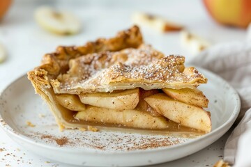 Slice of fresh apple pie on ceramic plate with cinnamon. AI generated