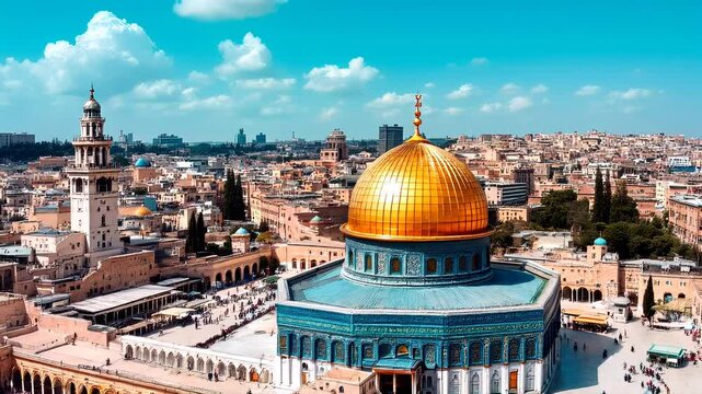 Majestic Golden Dome of the Rock: An Aerial View of Al-Aqsa Mosque in Jerusalem. Experience the breathtaking beauty and spiritual significance of this iconic landmark. Capture the intricate details   
