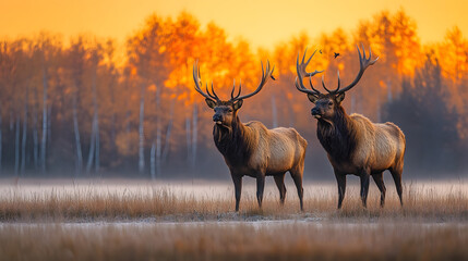 Fototapeta premium Two majestic elk stand in a serene meadow, bathed in the warm glow of a sunset, surrounded by autumn foliage