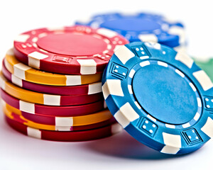 Stacked colorful gambling poker chips on white background. Chance or casino uses