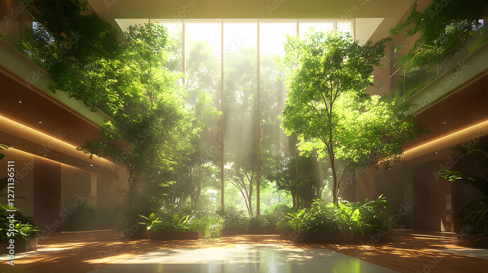 Poster A serene indoor space filled with lush greenery, sunlight streaming through large windows, creating a tranquil and refreshing atmosphere