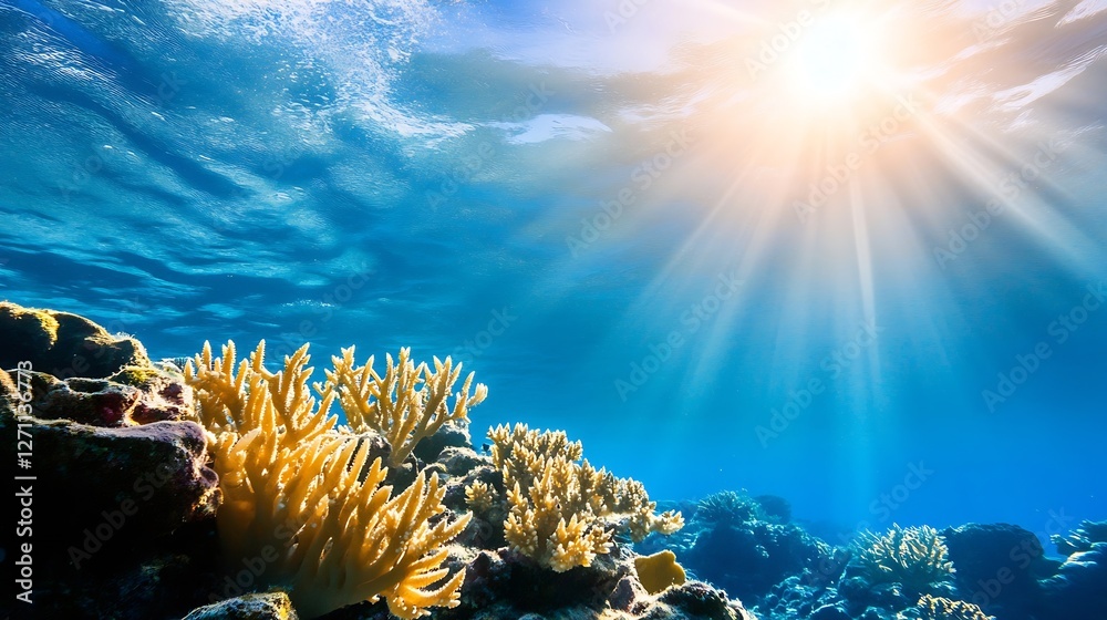 Poster underwater scenery with vibrant corals illuminated by sunlight creating a breathtaking marine ecosys