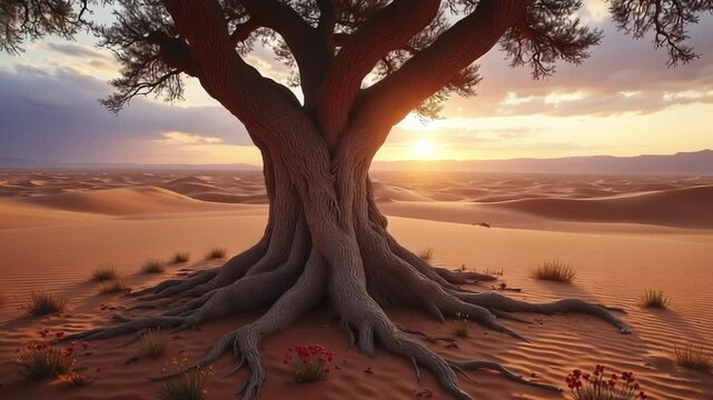 A serene landscape at the edge of a vast desert during golden hour