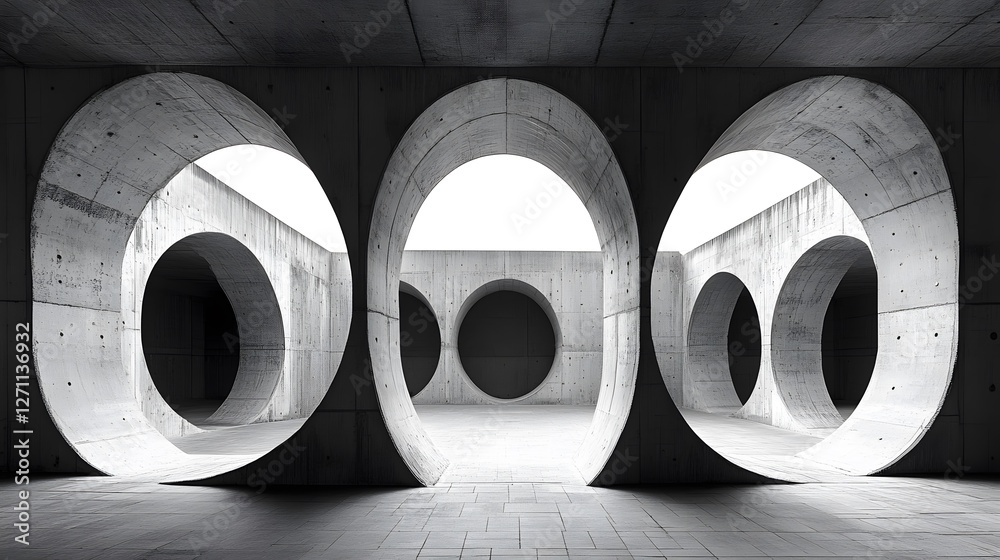 Poster A minimalist architectural space featuring large round openings in concrete, creating a play of light and shadow