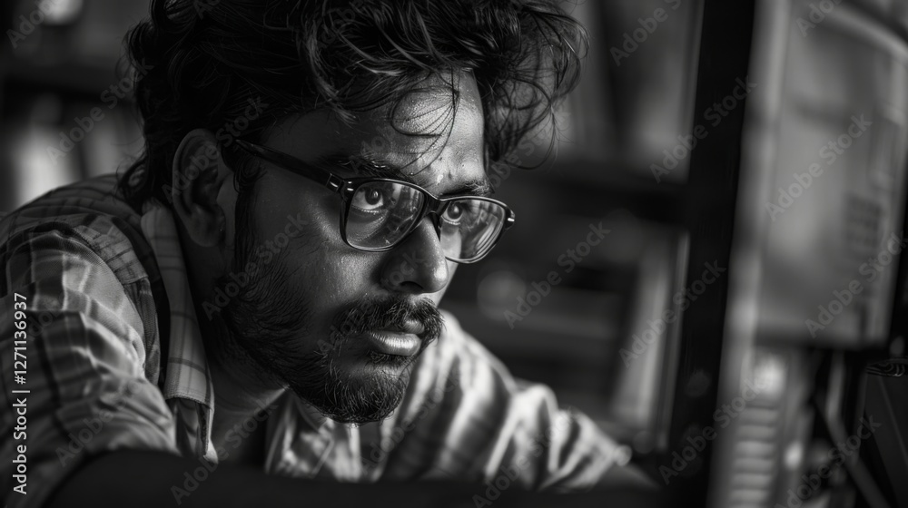Fototapete Young man with glasses is deeply engaged in work at his computer in a low light setting. His expression shows concentration and determination as he processes information.