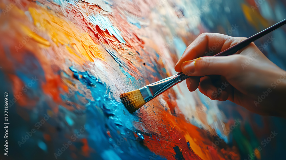 Poster a close-up of a hand painting on a canvas, showcasing vibrant colors and textures created by brush s