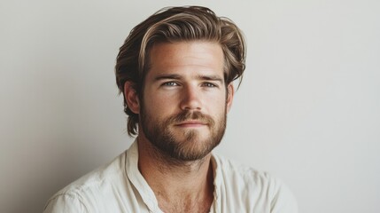 Fototapeta premium Studio shot of a man with a side-parted hairstyle and a medium-length beard, isolated on a white background, highlighting a classic and timeless look.