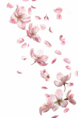 Delicate pink flowers with petals gently falling, creating a serene and peaceful atmosphere on a white background.