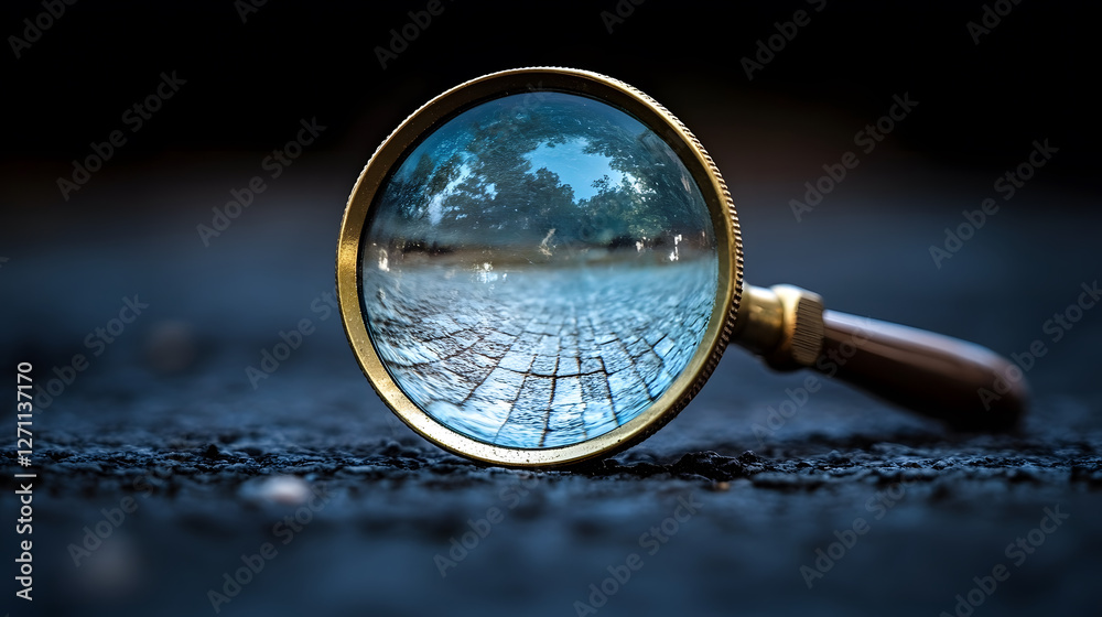 Poster A close-up of a vintage magnifying glass focusing on a textured surface, creating a blurred view of the environment beyond