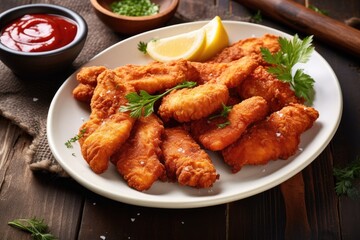 Top down view of mouthwatering fried chicken strips on a white plate with tomato sauce and lemon slices perfect for an outdoor picnic or party
