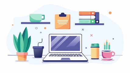 A minimalist aesthetic defines this modern workspace, where a laptop, notebook, and coffee cup are neatly arranged on a pristine white desk, creating an image of clean lines, efficient workflow, and