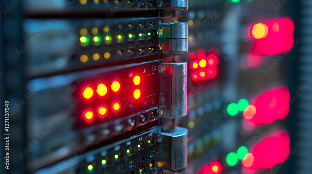 Poster close-up of data server lights indicating activity, showcasing a network environment with vibrant re
