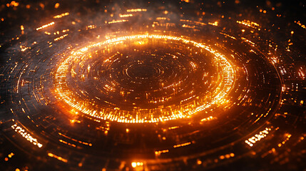 Close-up of a glowing quantum computer processor with spinning circuits, electric sparks, and floating binary code