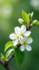 Fototapeta premium White pear tree flowers swaying gently on a limb, blossom stem, blossom