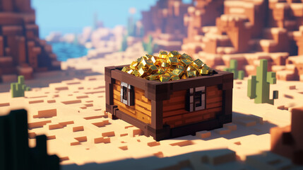 Pixelated pirate treasure chest filled with gold in a desert landscape during daylight hours