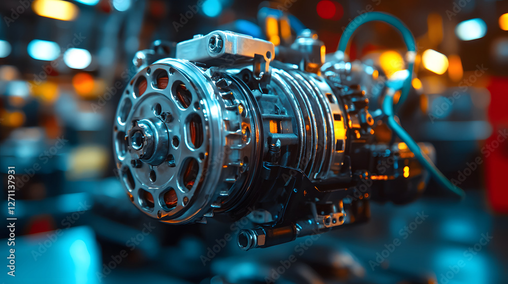 Poster a close-up of a metallic engine component, showcasing intricate details and vibrant lighting in a wo