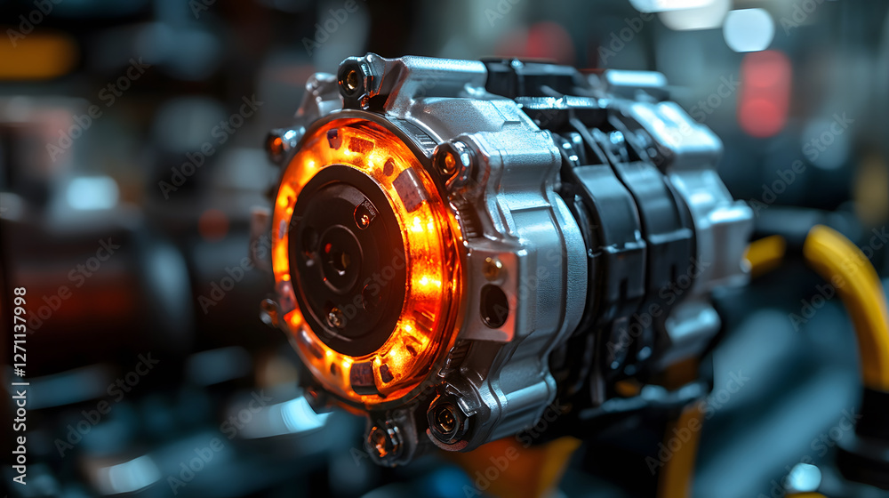 Poster a close-up of a high-tech machine component with glowing orange lights, highlighting intricate detai
