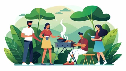 Lush green foliage provides a vibrant backdrop to a cheerful scene of friends enjoying a barbecue, the aroma of grilling food mingling with the sounds of laughter and conversation under the warm summ