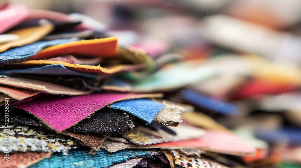 Aufkleber Colorful fabric scraps stacked in disarray showcasing a textile variety for crafting : Generative AI