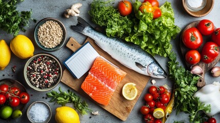 Healthy Eating, Recipe Planning with Fresh Salmon, Cookbook Mockup, Culinary Background, Top View.