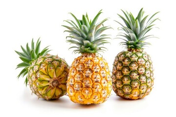 Three pineapples aligned on white background. AI generated
