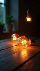 Softly lit wooden table with three shining light bulbs, ambient light, glowing