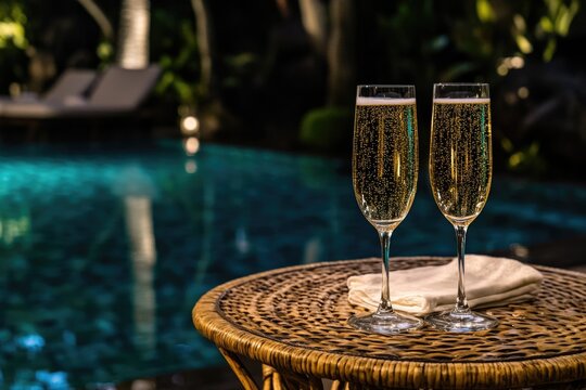 Two glasses of champagne sitting next to a pool, perfect for a luxurious getaway or special occasion