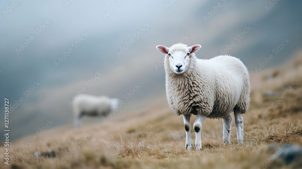 Aufkleber Closeup of a fluffy sheep standing in a misty landscape with another sheep blurred in the background showcasing nature : Generative AI