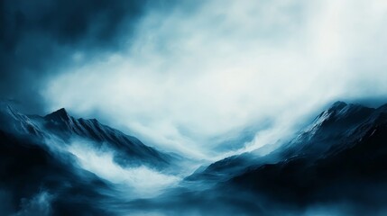 Fototapeta premium Mysterious blue-hued mountain shrouded in mist, evoking a sense of calm and solitude