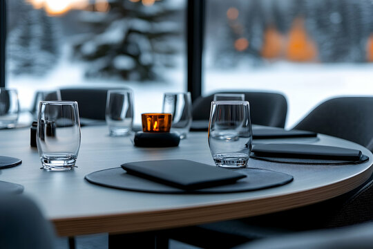 Table setting for a dinner in a winter landscape, with a candle, scenic view