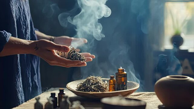 Herbal incense in human hands. Selective focus. Nature.