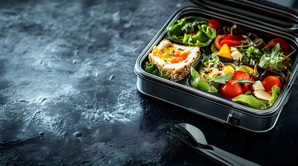 School lunch box with full meal top view with copy space 