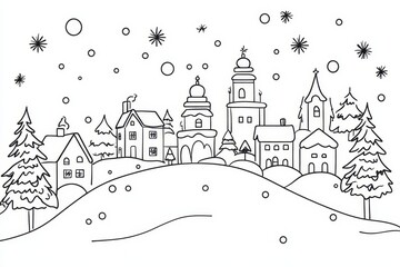 Winter Village Snow Scene - Charming line drawing of a snow covered village with church and houses. Perfect for holiday cards, coloring pages, and winter themed designs
