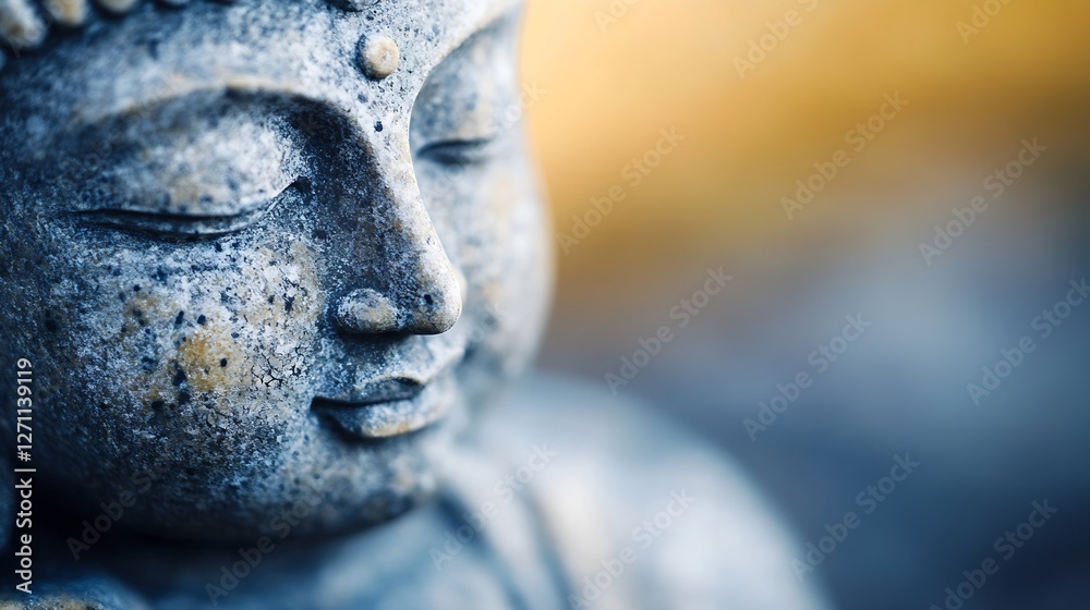 Poster Intricate closeup of a stone Buddha statue capturing the peaceful expression and textures highlighting artistic craftsmanship : Generative AI