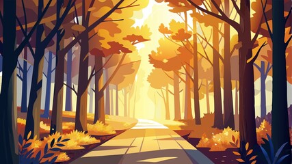 Sunlight filters through the trees, illuminating a path covered in a breathtaking blanket of golden autumn leaves, creating a magical and enchanting forest scene that evokes feelings of peace, tranqu