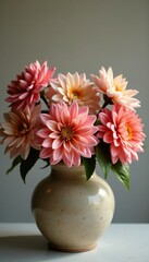 Softly glowing dahlia blooms adorn a weathered ceramic vessel, fall bouquet, warm tones, soft glow