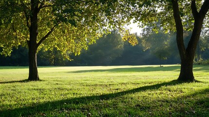 Fototapeta premium Sundappled grass field with trees casting gentle shadows in a peaceful setting : Generative AI