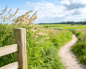 Fototapeta premium Trail winds thru sunny green field, grasses sway, blue sky, for nature walks