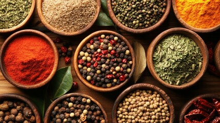 Assorted spices and herbs in wooden bowls on rustic table