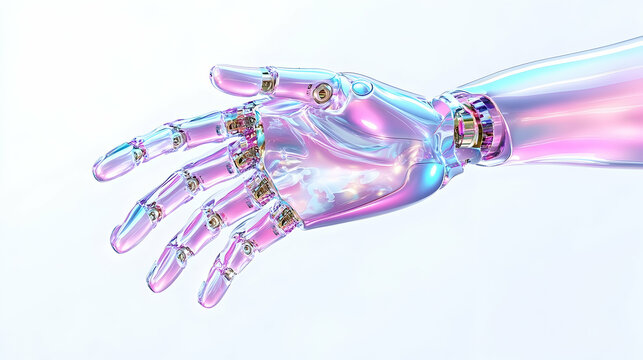 Transparent robotic hand reaching out on white background. Tech presentation