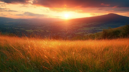 Obraz premium Sunset over mountain valley village, golden grass