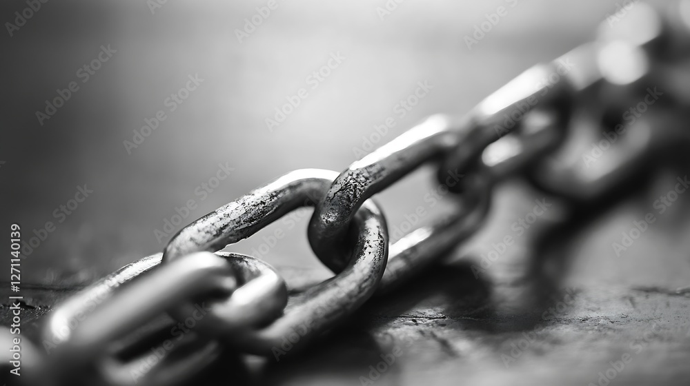 Poster Close up view of a silver chain showing interlinked metal links on a dark textured background symbolizing strength and security : Generative AI