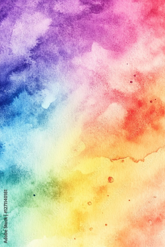 Poster a beautiful watercolor painting of a vibrant rainbow colored sky with soft clouds and subtle gradien