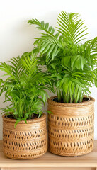 Obraz premium Two potted parlor palms sit in home, bringing indoor greenery. Interior design use