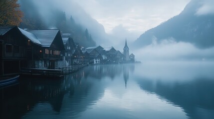 Hallstatt lakeside Alpine village features charming wooden houses and misty mountain reflections