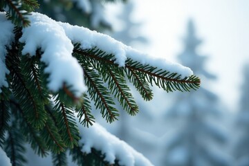 Snow-laden spruce tree branch stretching towards sky, evergreen branches, forest textures, snowy details