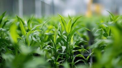 Obraz premium Genetically enhanced crops growing in a controlled, AI-managed greenhouse.